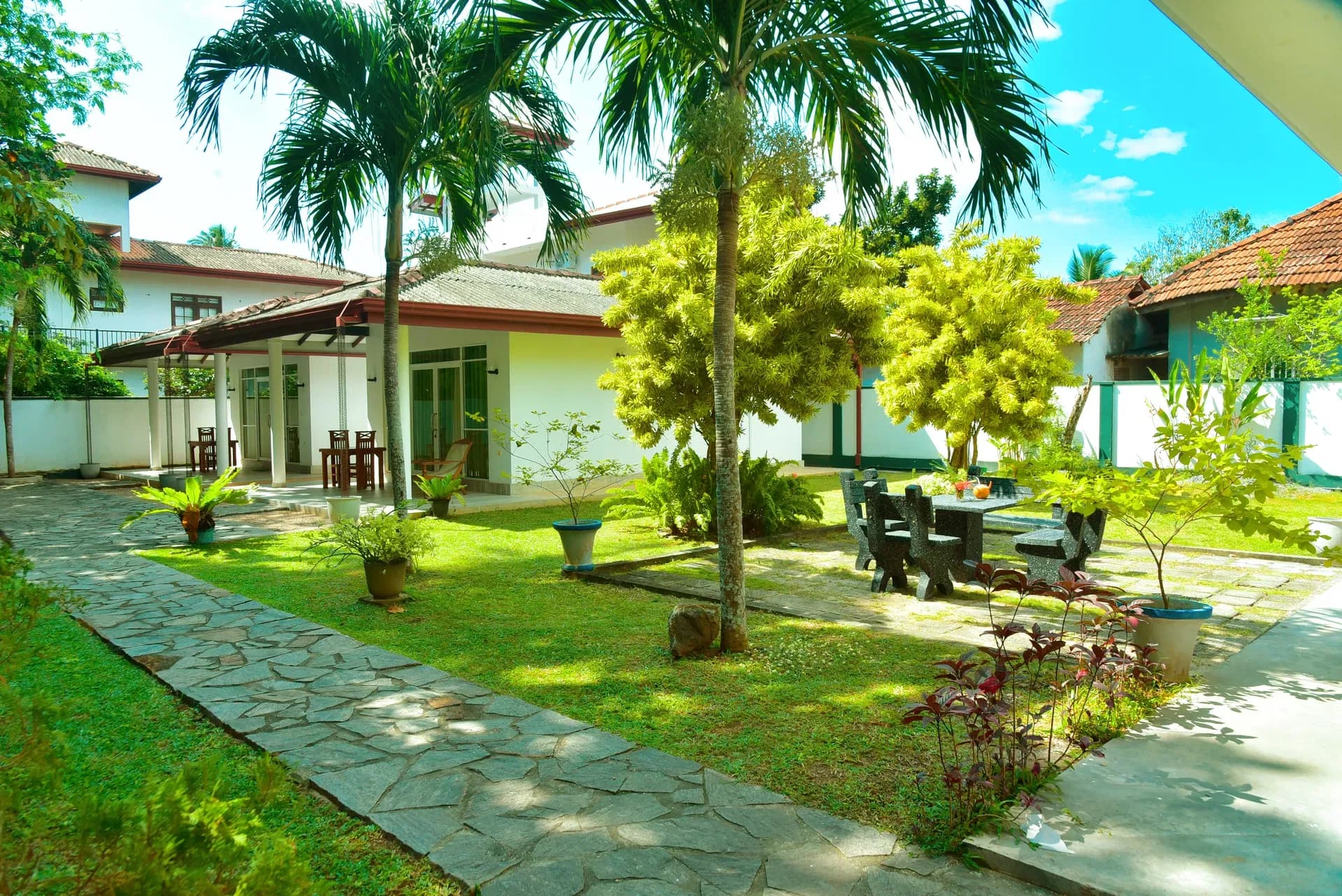 Lush garden surrounding the bungalow